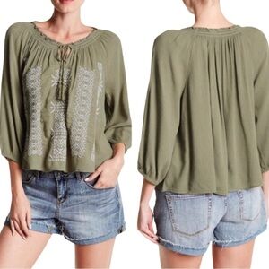 MELROSE & MARKET Embroidered Peasant Blouse Dark Olive Green Cropped Top